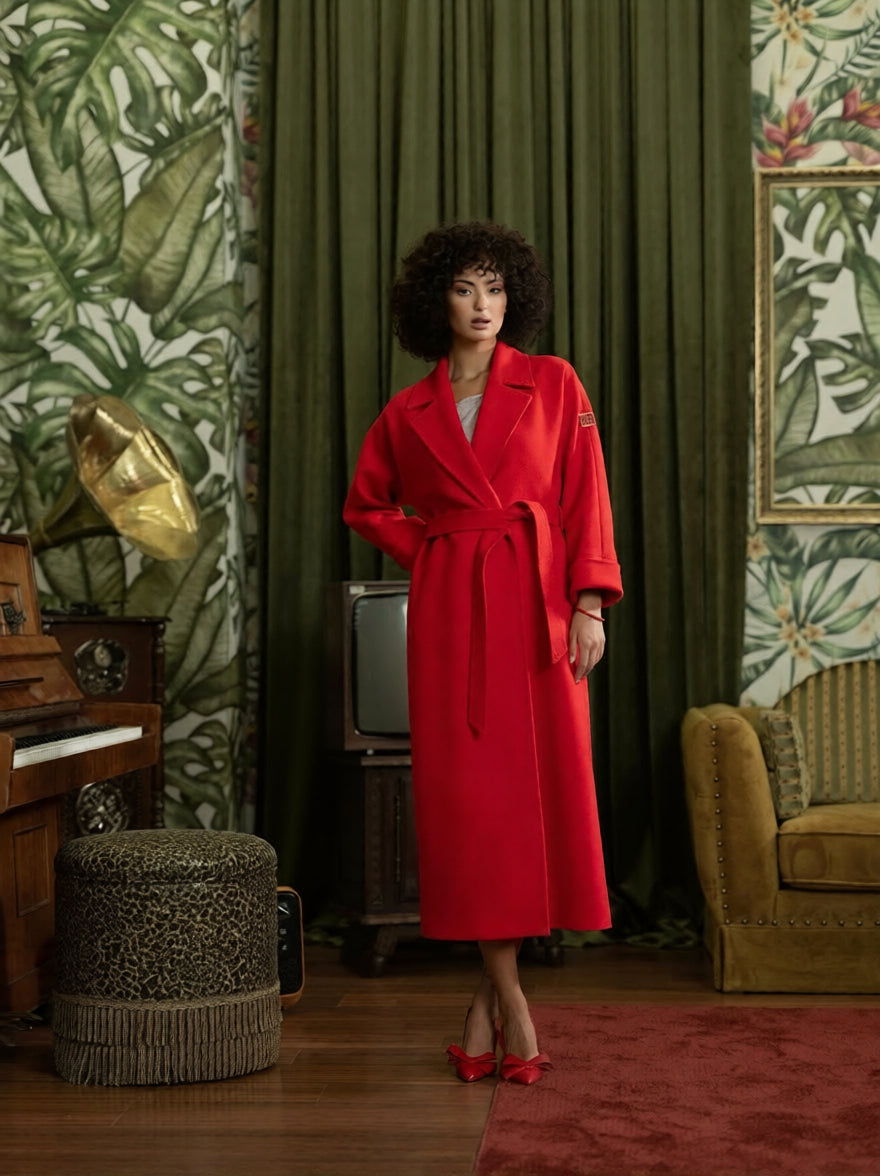 Palton lung din cașmir cu cordon