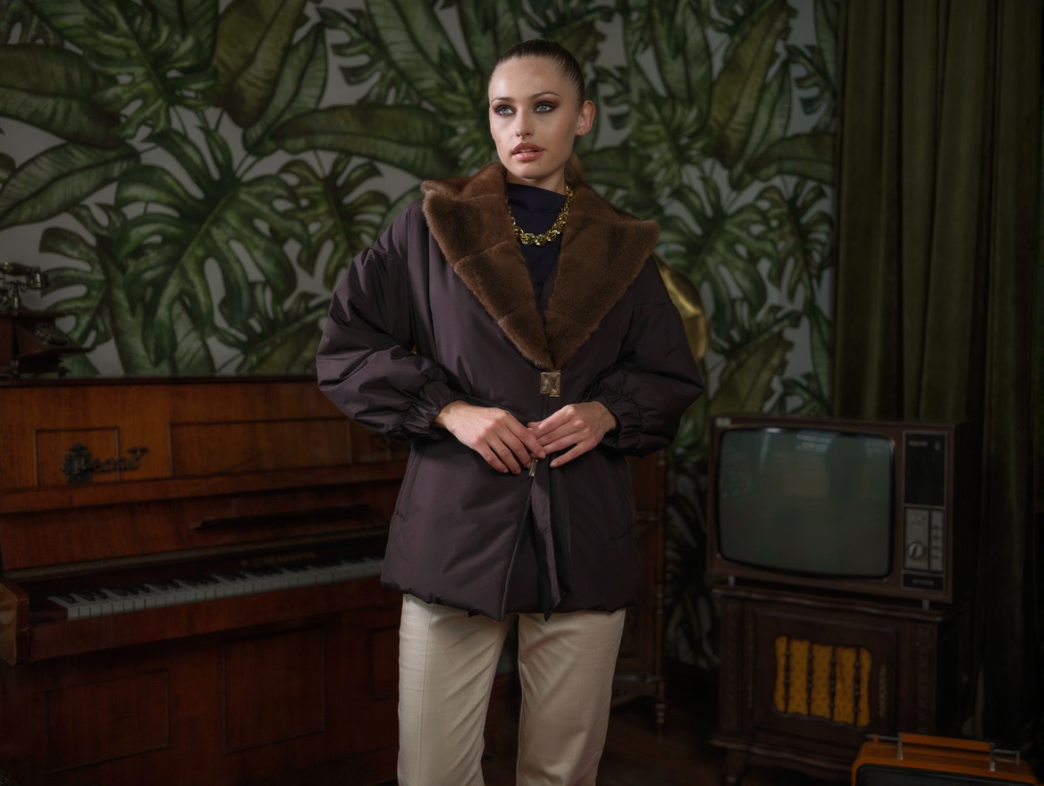 Palton scurt maro din fâș cu guler din blană naturală