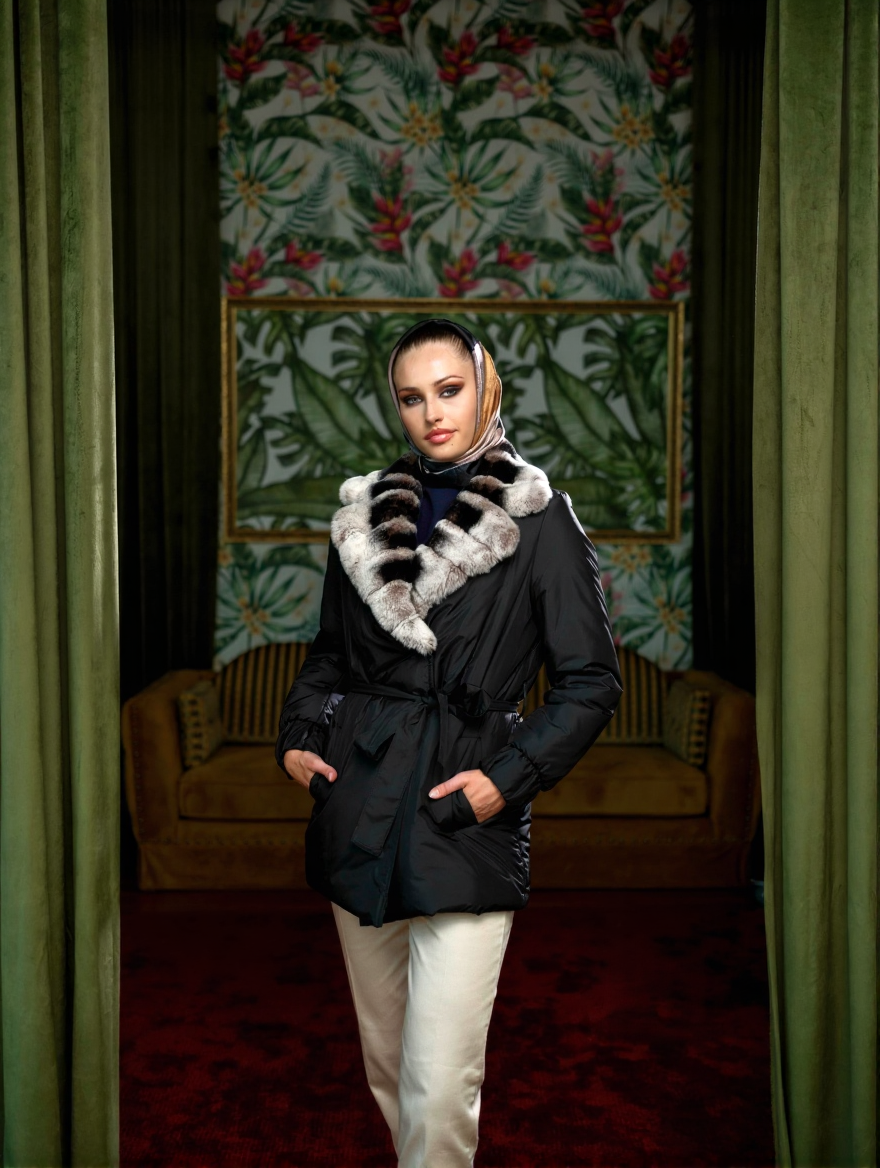 Palton scurt negru din fâș cu guler din blană naturală