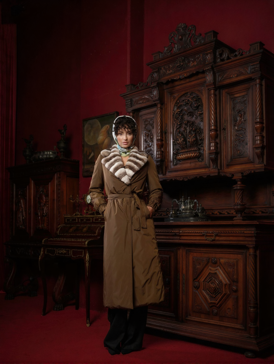 Palton lung negru cu guler din blană naturală