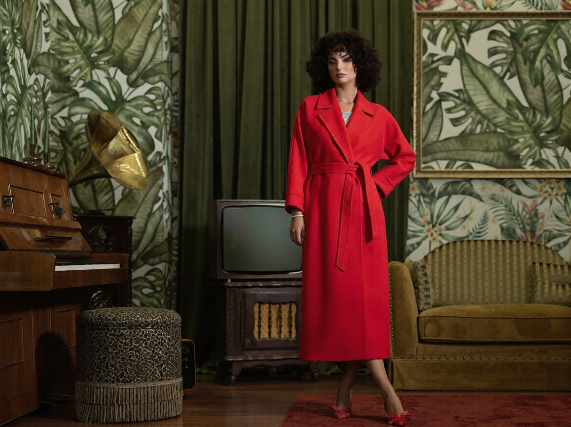 Palton lung din cașmir cu cordon