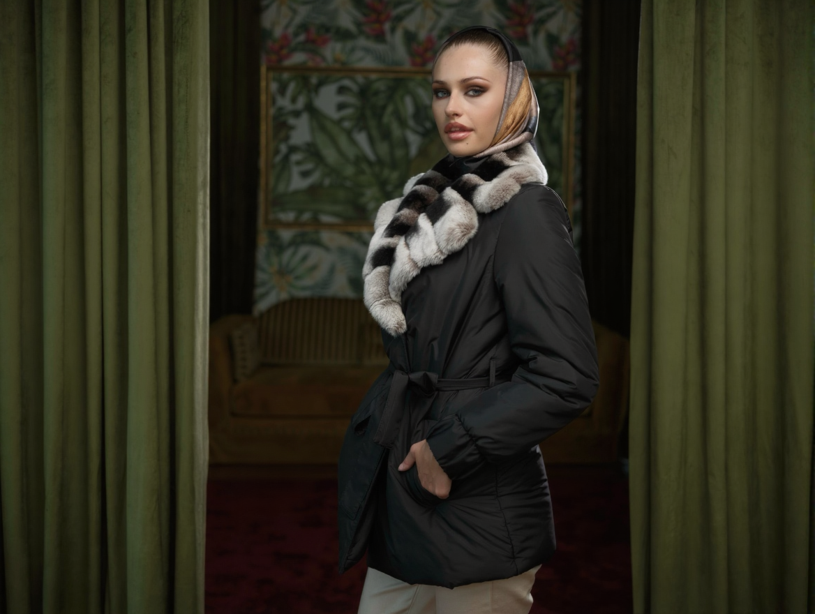 Palton scurt negru din fâș cu guler din blană naturală